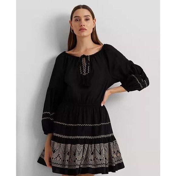 Lauren Ralph Lauren Embroidered Cotton Voile Tassel Dress New Size 6 Long Sleeve - Picture 4 of 10
